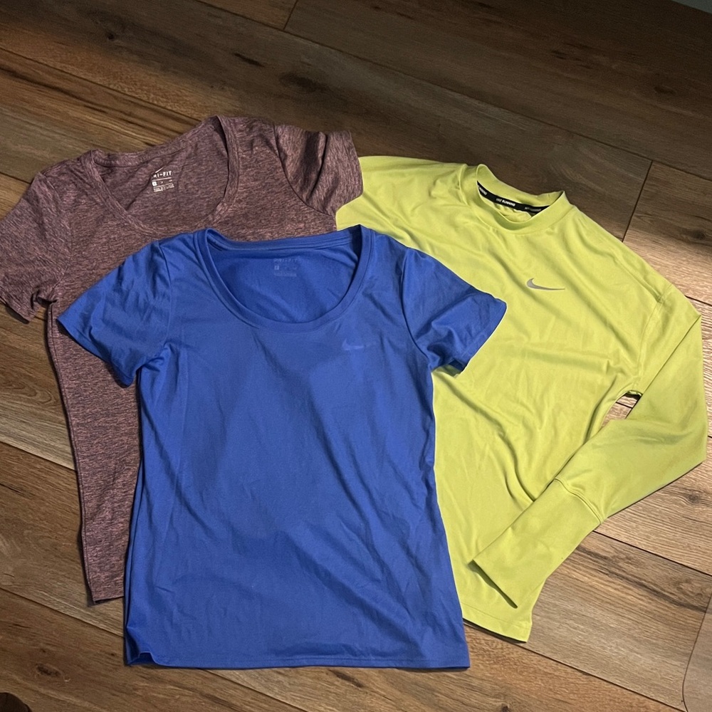 Nike Blue, Purple, and Lime Green Dri-Fit Tops Trio - SMALL